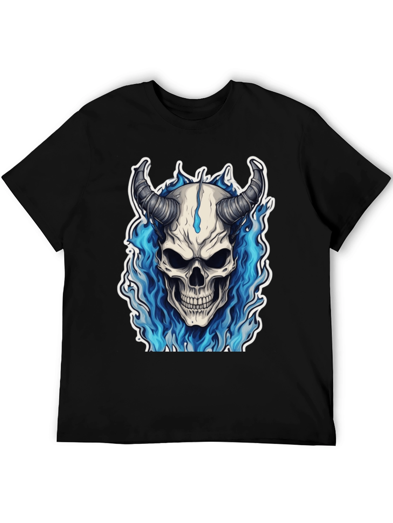 Skull Devil Horns Blue Flames Graphic Tee