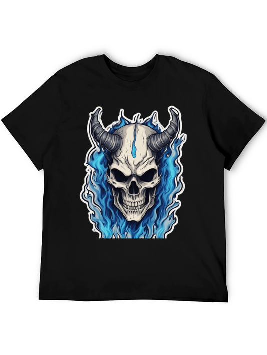 Skull Devil Horns Blue Flames Graphic Tee
