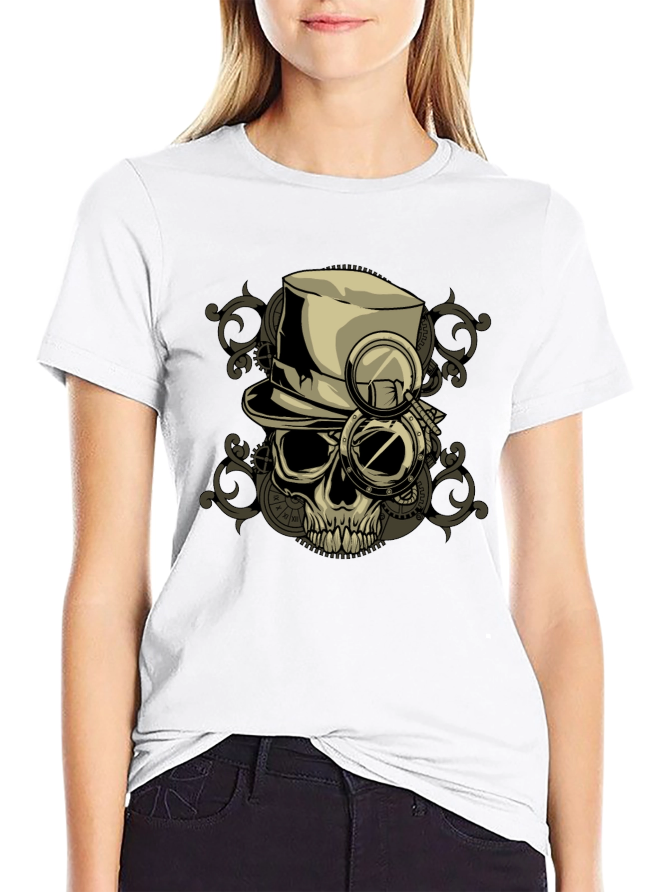 Steampunk Skull T-Shirt - Gears & Top Hat