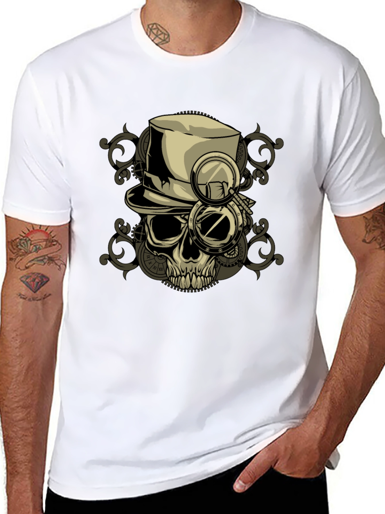 Steampunk Skull T-Shirt - Gears & Top Hat