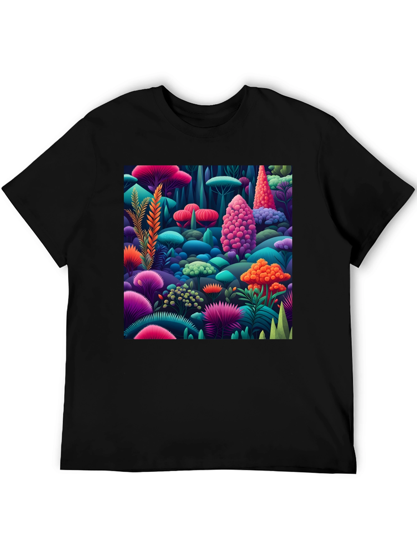 Vibrant Fungi Forest Print Black T-Shirt