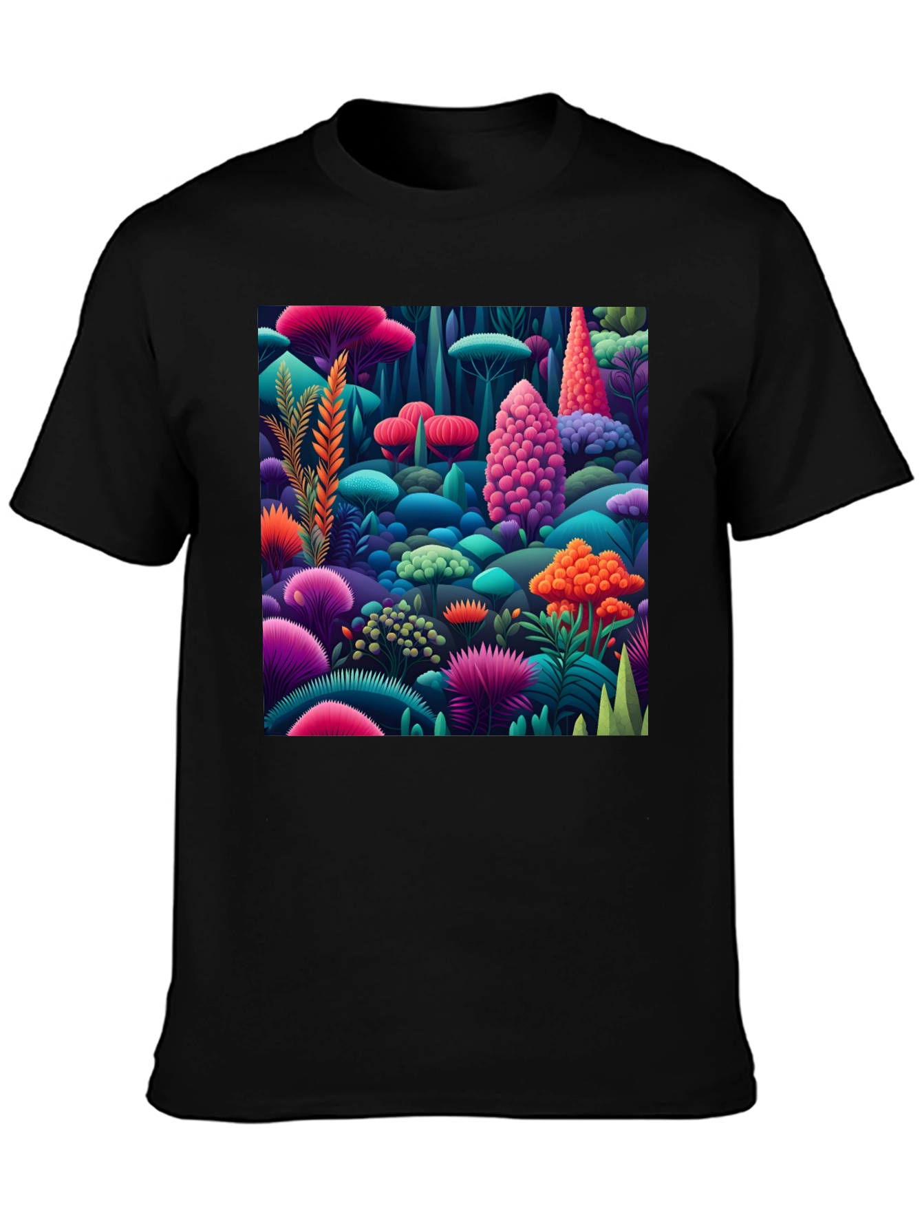 Vibrant Fungi Forest Print Black T-Shirt