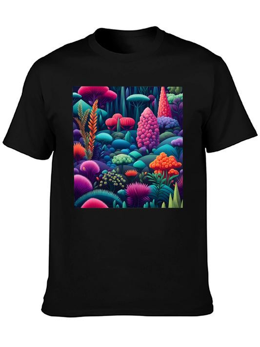 Vibrant Fungi Forest Print Black T-Shirt