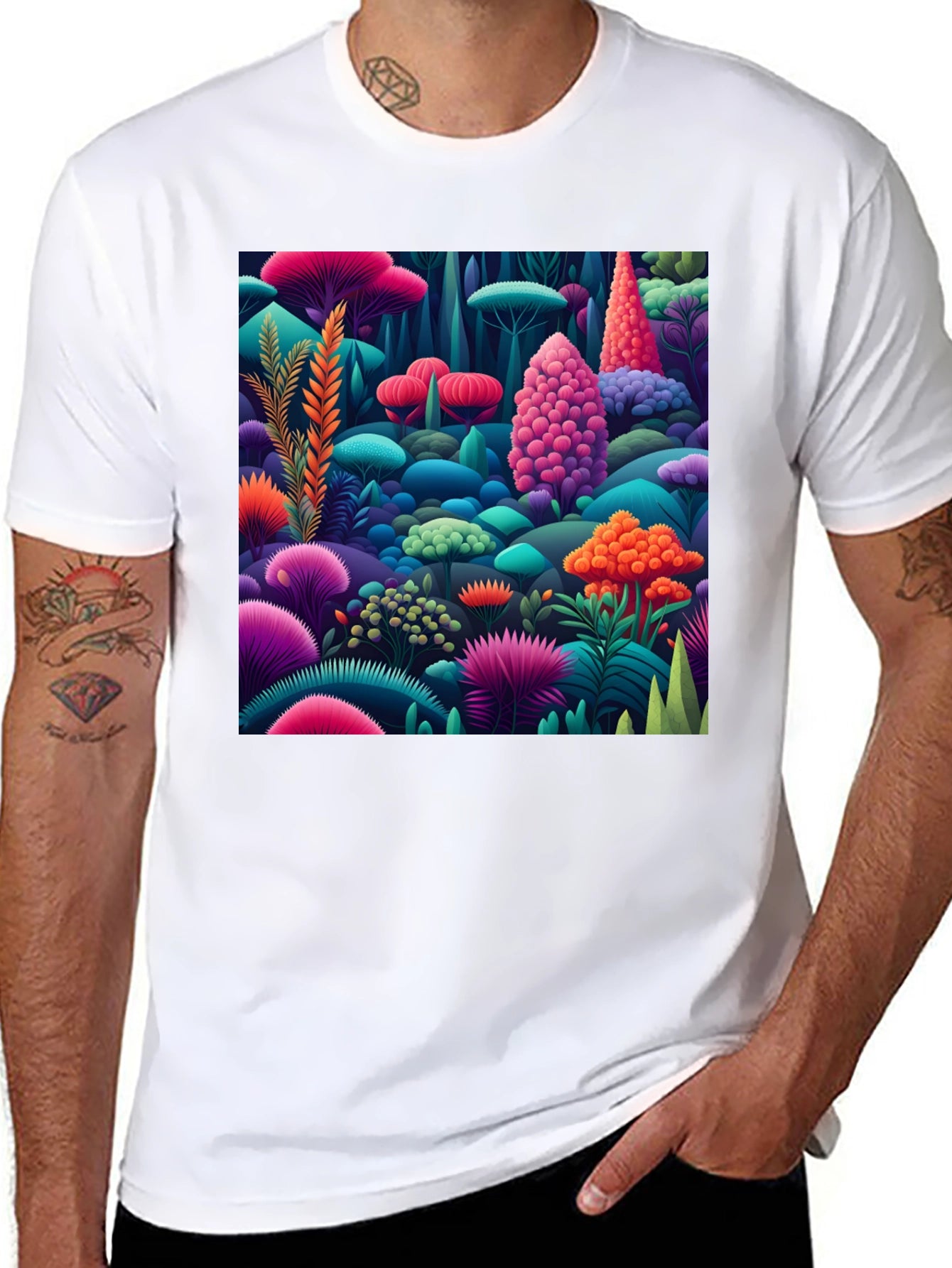 Vibrant Fungi Forest Print Black T-Shirt