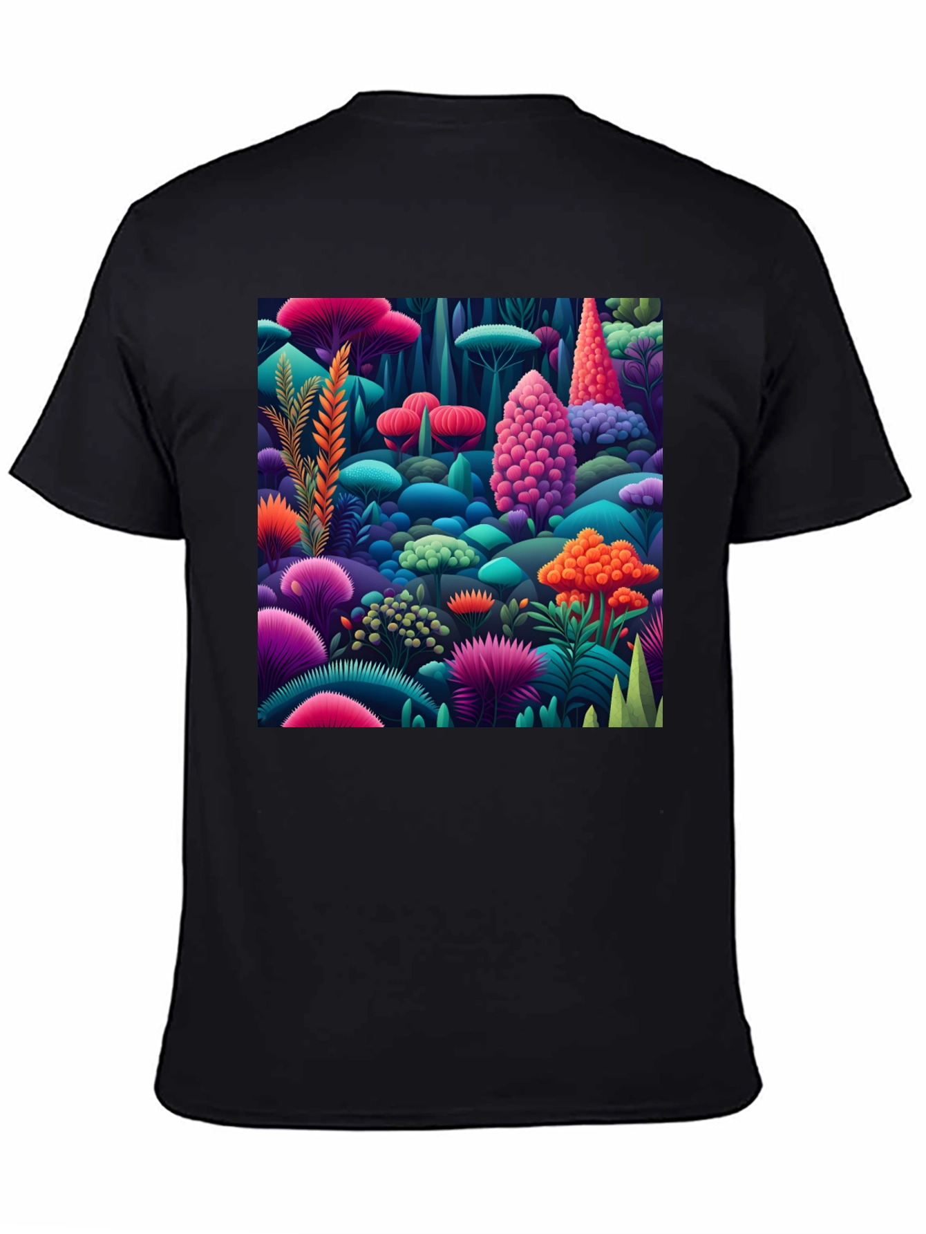 Vibrant Fungi Forest Print Black T-Shirt