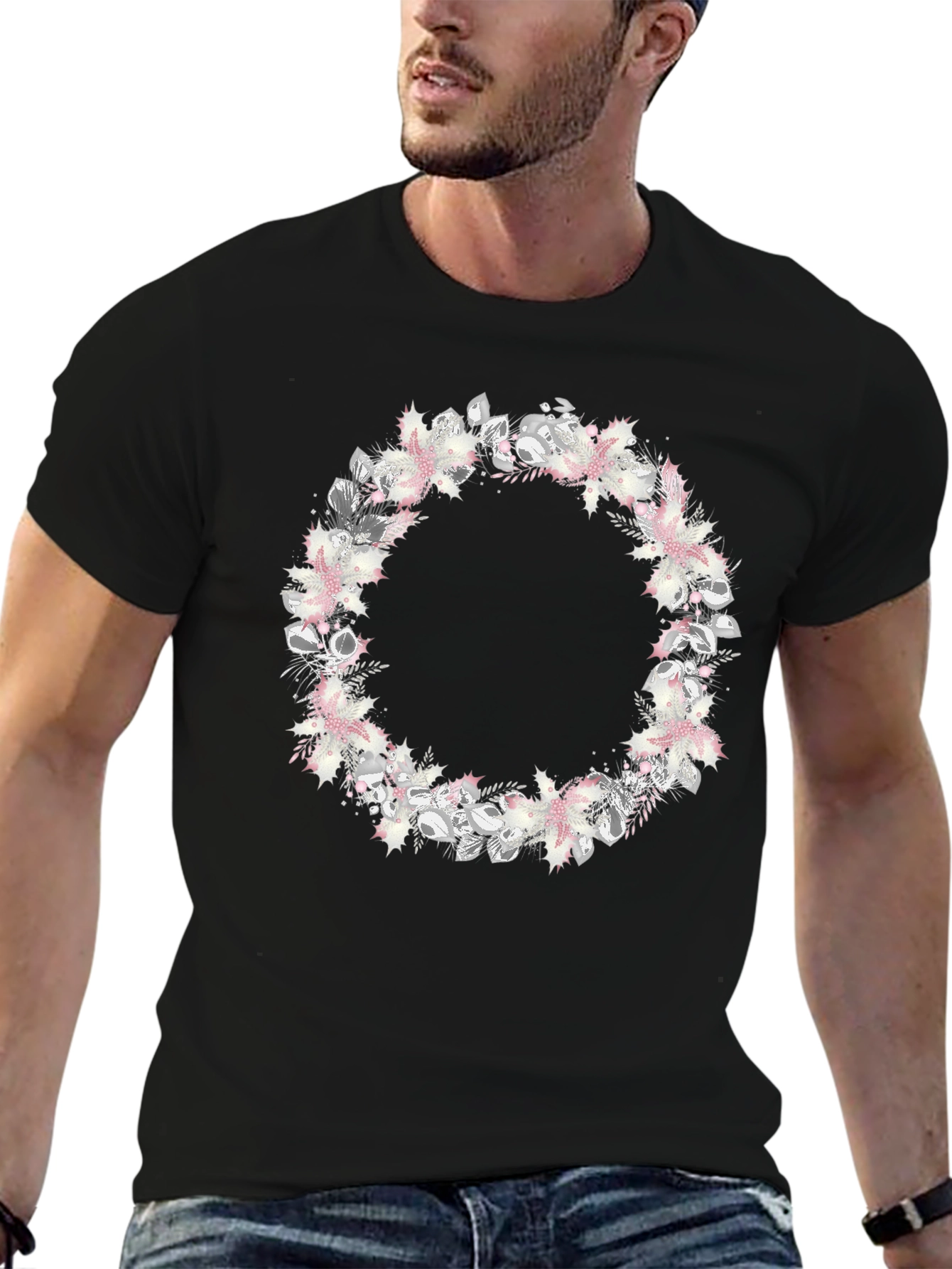 Floral Wreath Graphic Black T-Shirt