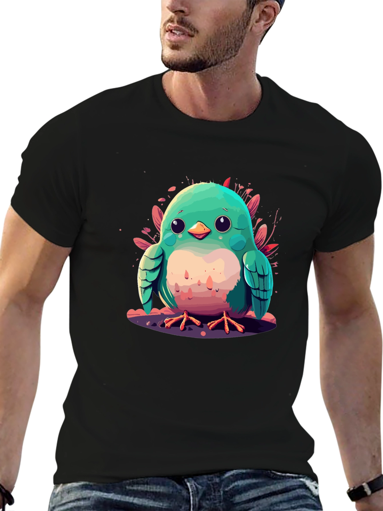 Cute Bird Graphic Black T-Shirt