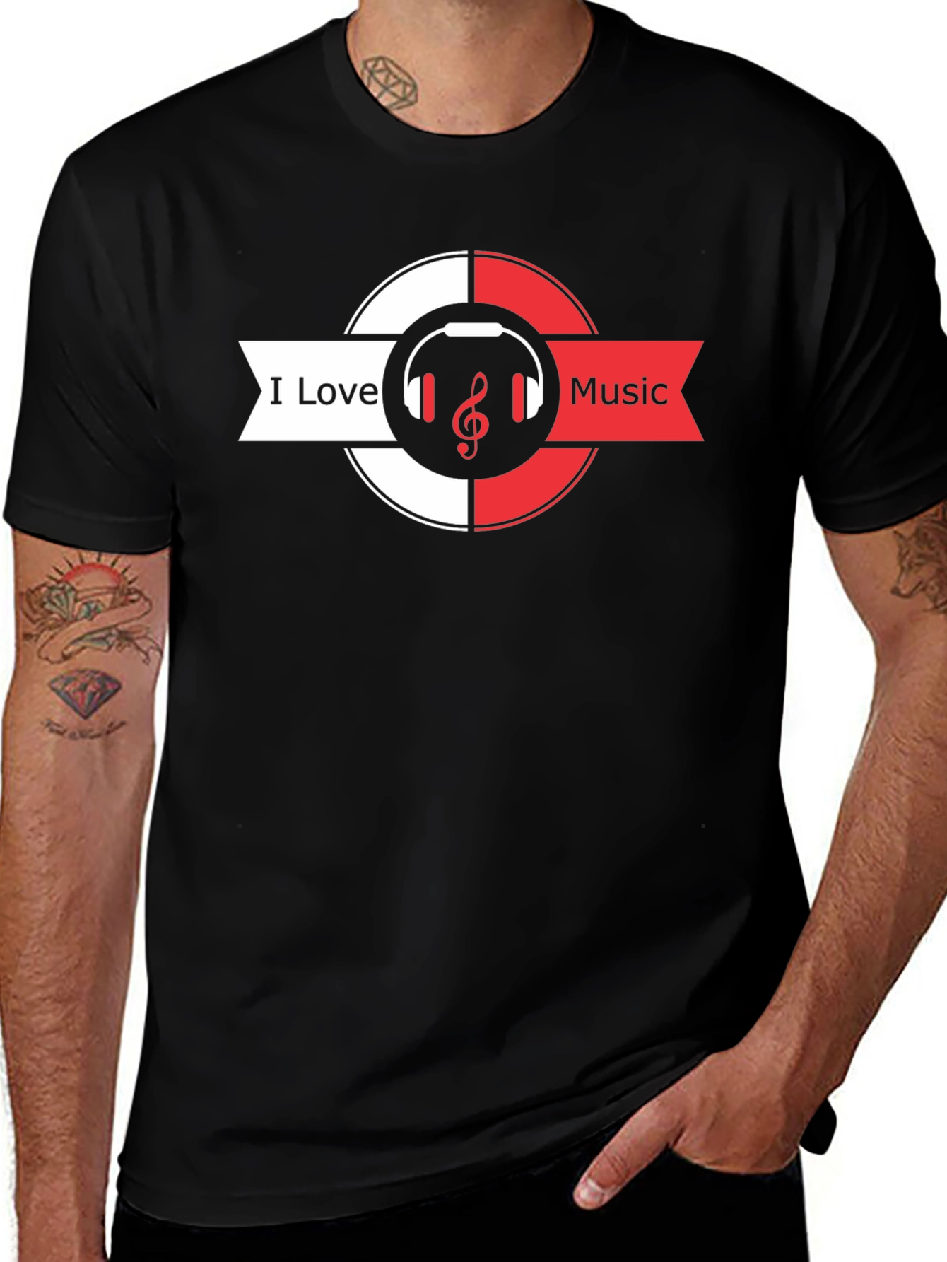 I Love Music Black T-Shirt Headphones & Treble Clef