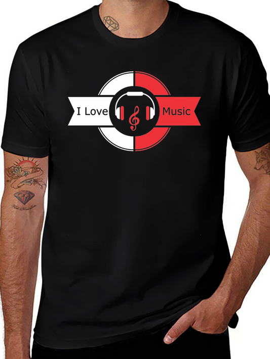 I Love Music Black T-Shirt Headphones & Treble Clef