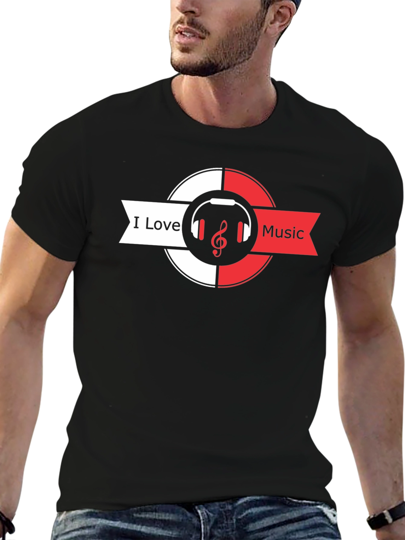 I Love Music Black T-Shirt Headphones & Treble Clef
