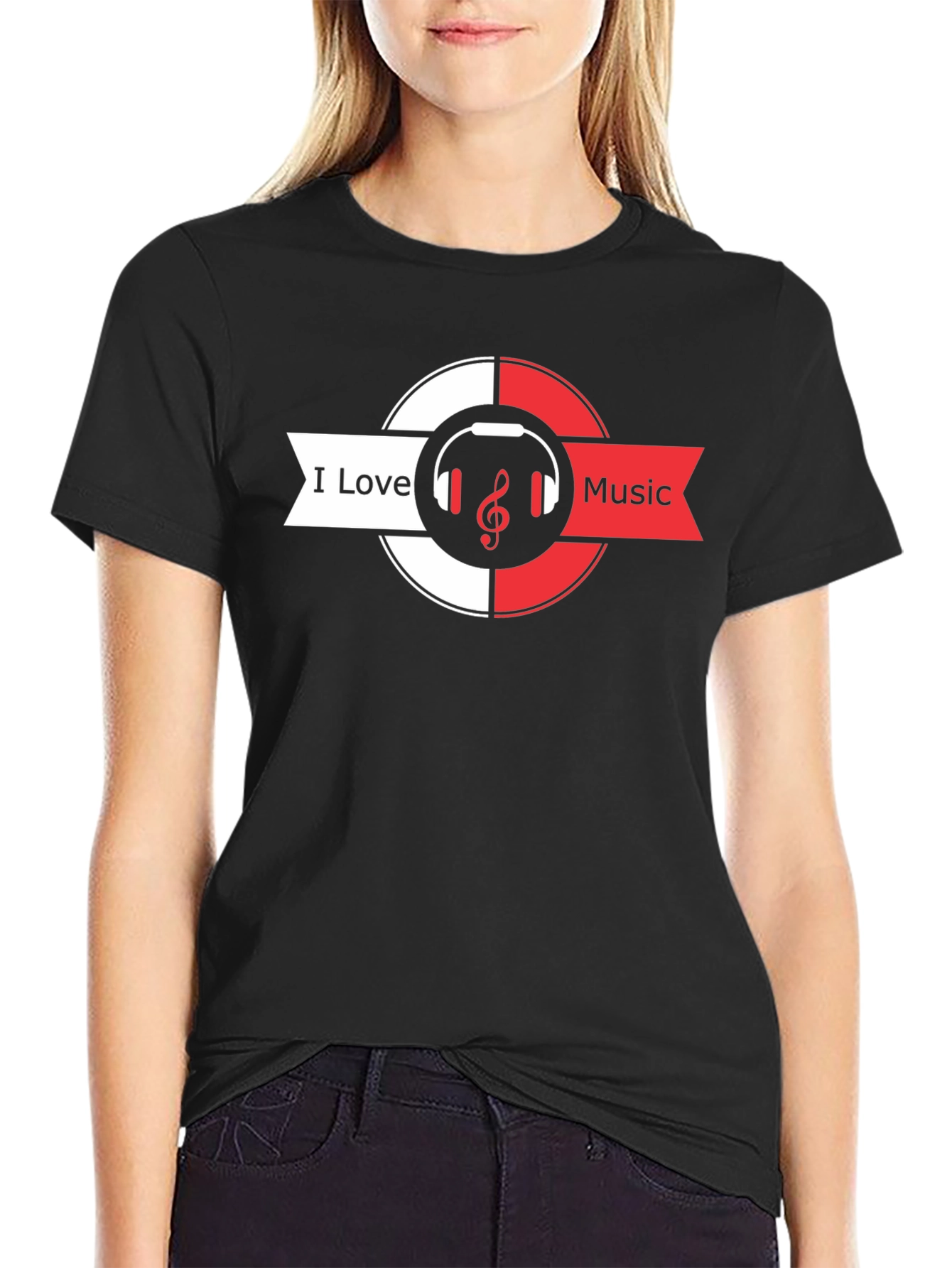 I Love Music Black T-Shirt Headphones & Treble Clef