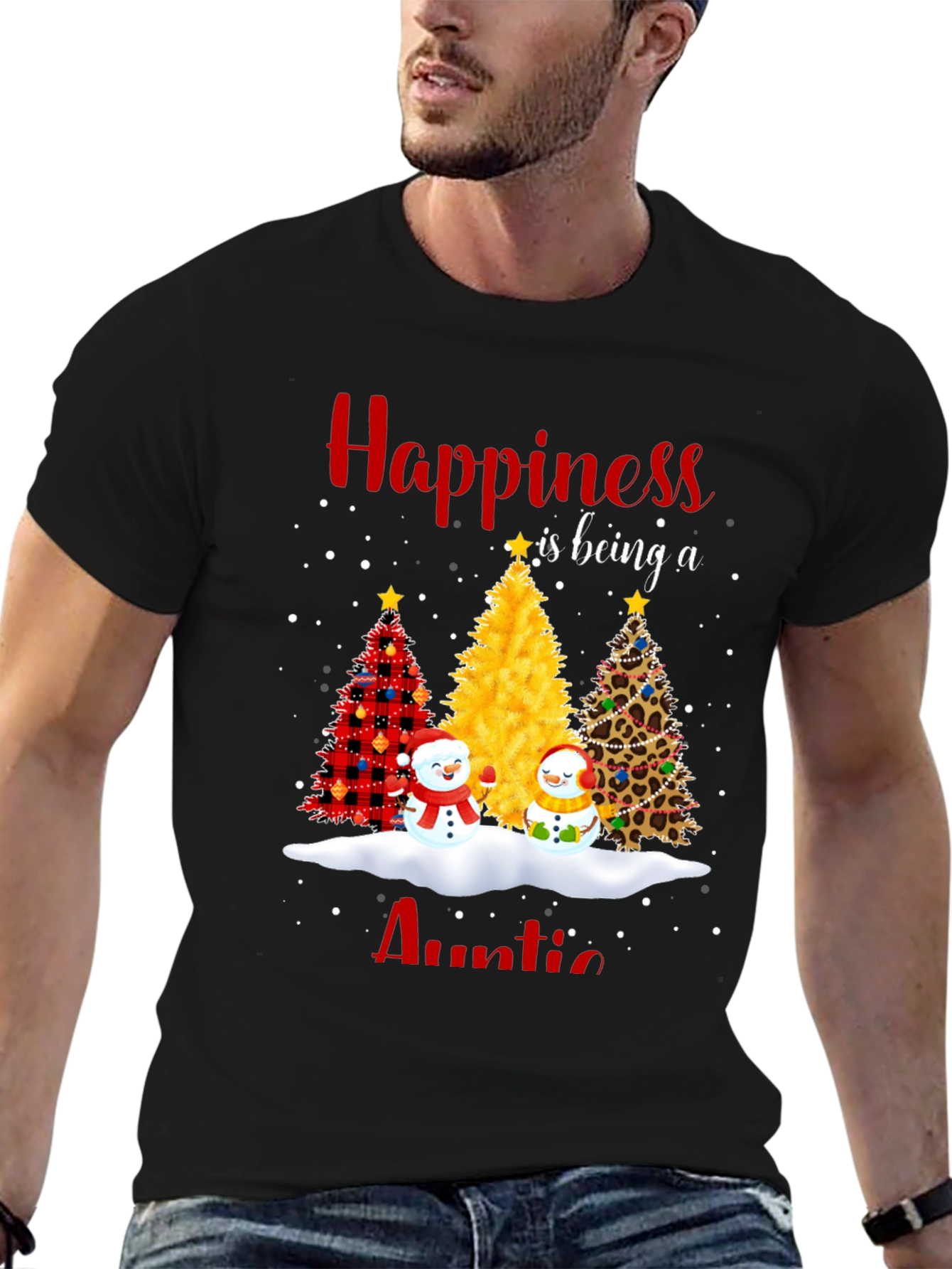 Happiness Auntie T-Shirt: Christmas Trees and Snowmen