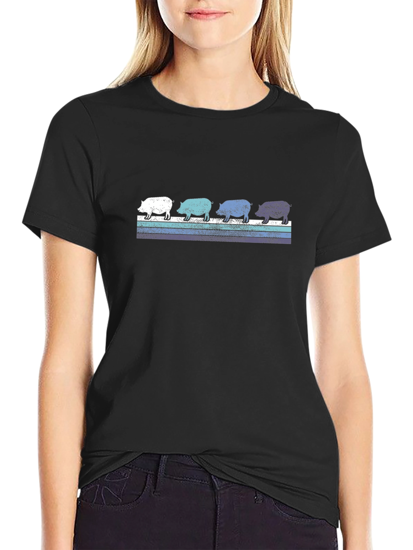 Retro Pig Parade Graphic Tee - Black Cotton T-Shirt