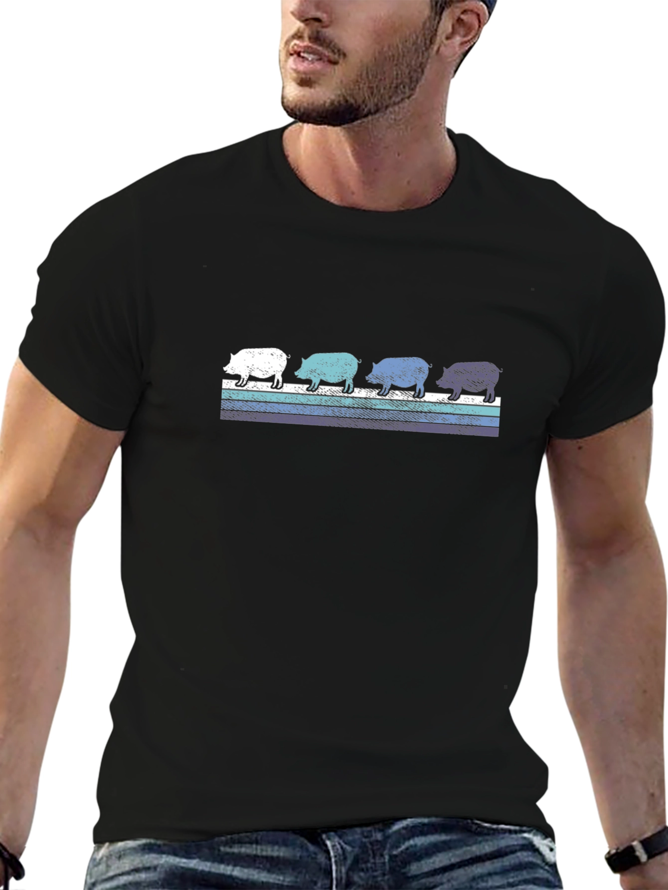 Retro Pig Parade Graphic Tee - Black Cotton T-Shirt