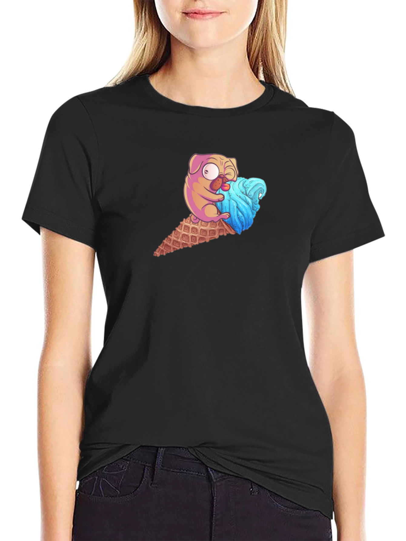 Pug Ice Cream Cone Graphic Tee - Black T-Shirt