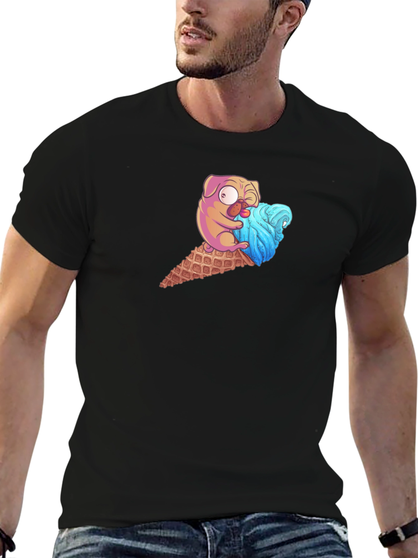 Pug Ice Cream Cone Graphic Tee - Black T-Shirt