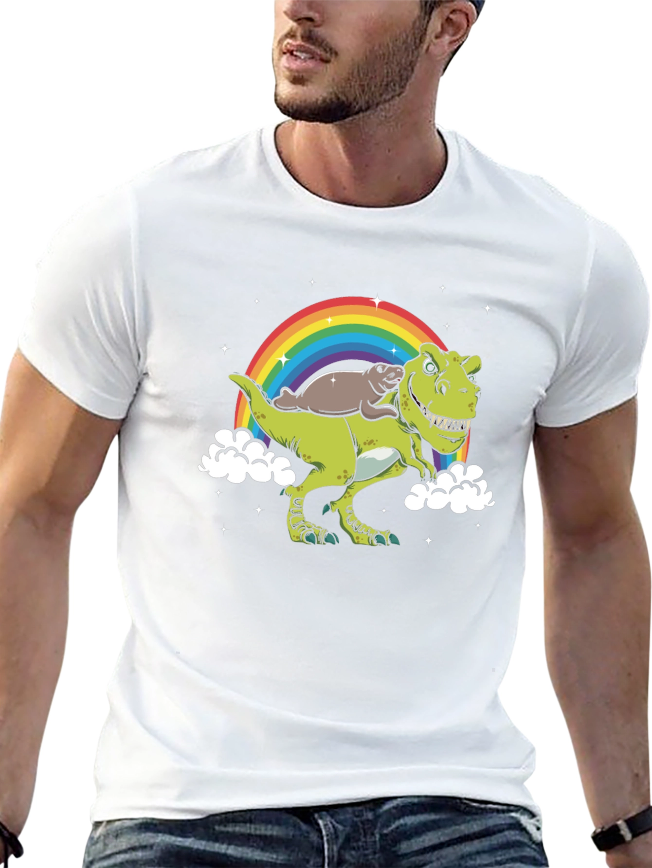 Dinosaur Otter Rainbow Black T-Shirt