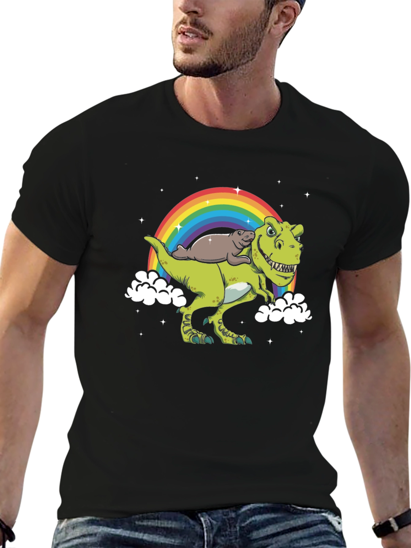 Dinosaur Otter Rainbow Black T-Shirt