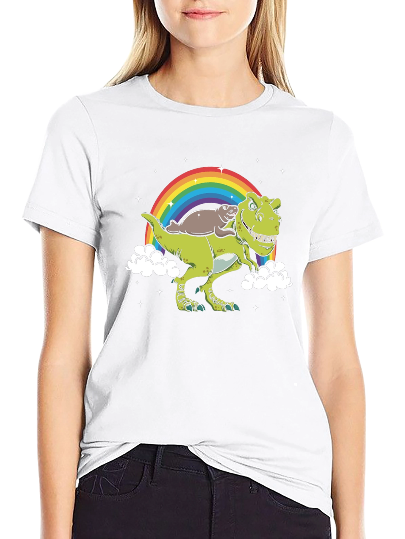 Dinosaur Otter Rainbow Black T-Shirt