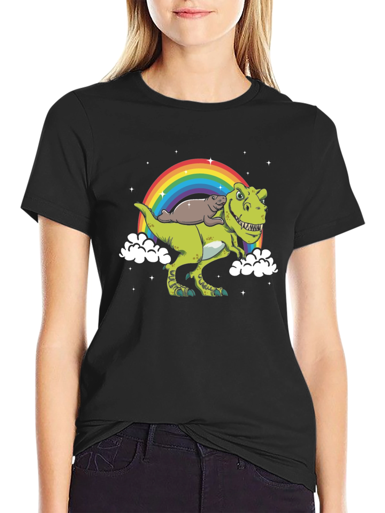 Dinosaur Otter Rainbow Black T-Shirt