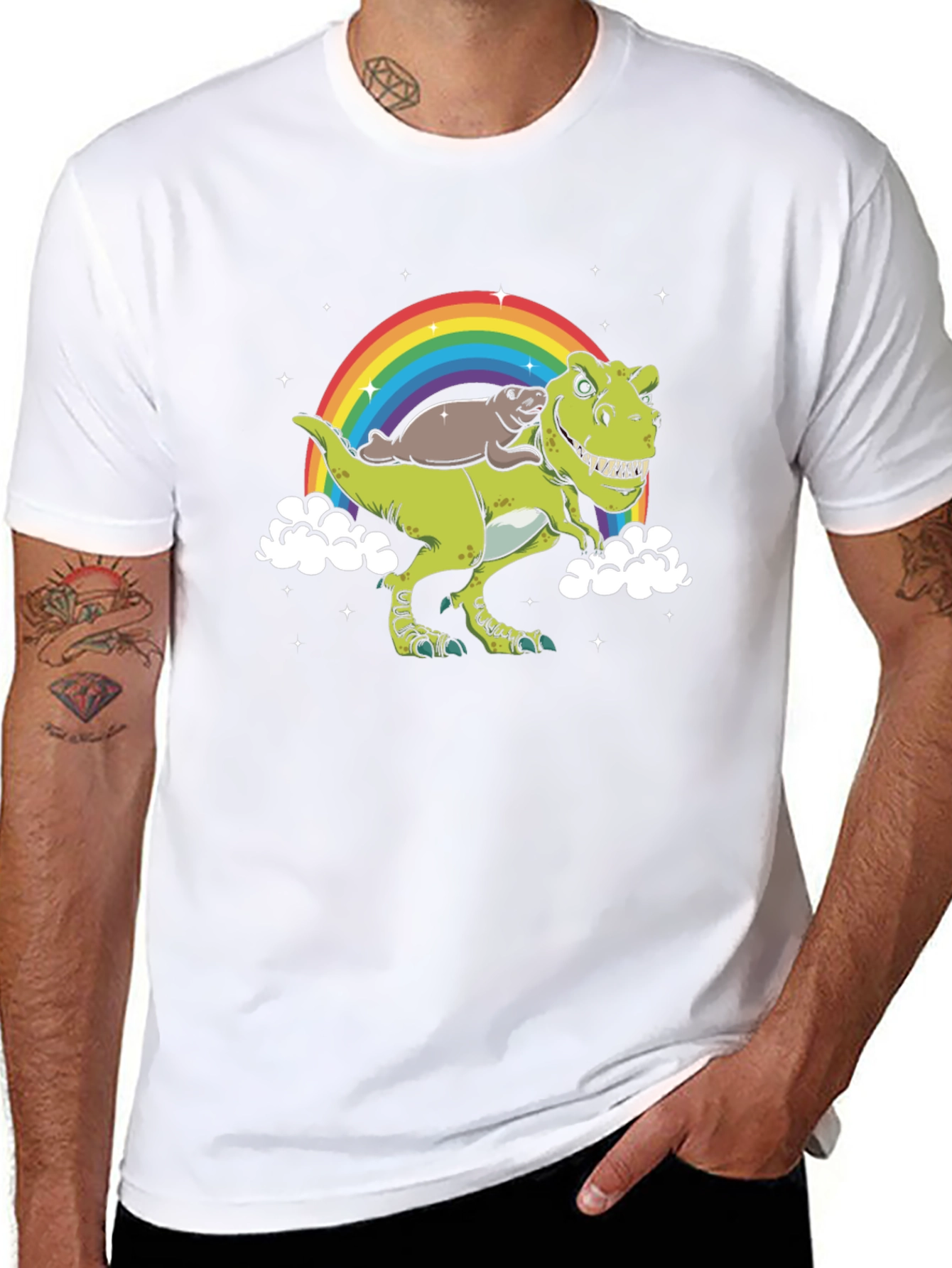 Dinosaur Otter Rainbow Black T-Shirt