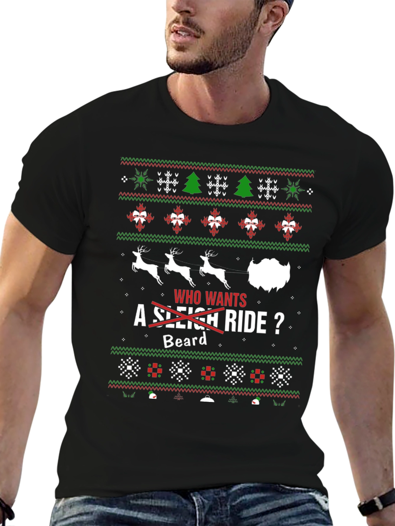 Funny Christmas Beard Sleigh Ride T-Shirt