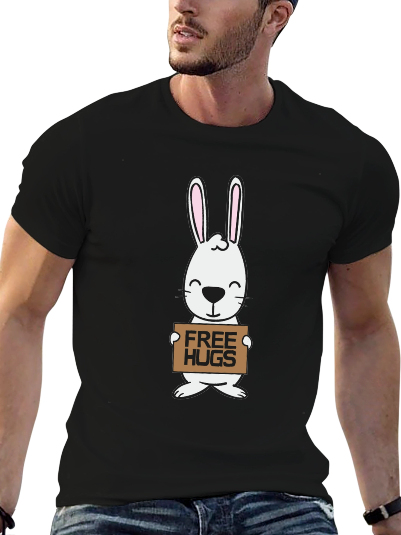Free Hugs Bunny Graphic Tee - Black Cotton T-Shirt
