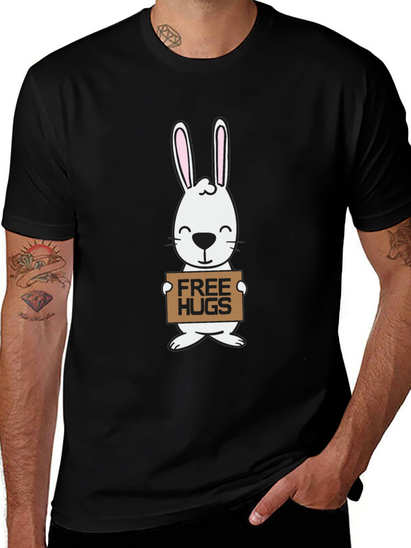 Free Hugs Bunny Graphic Tee - Black Cotton T-Shirt