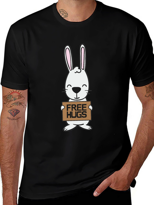 Free Hugs Bunny Graphic Tee - Black Cotton T-Shirt