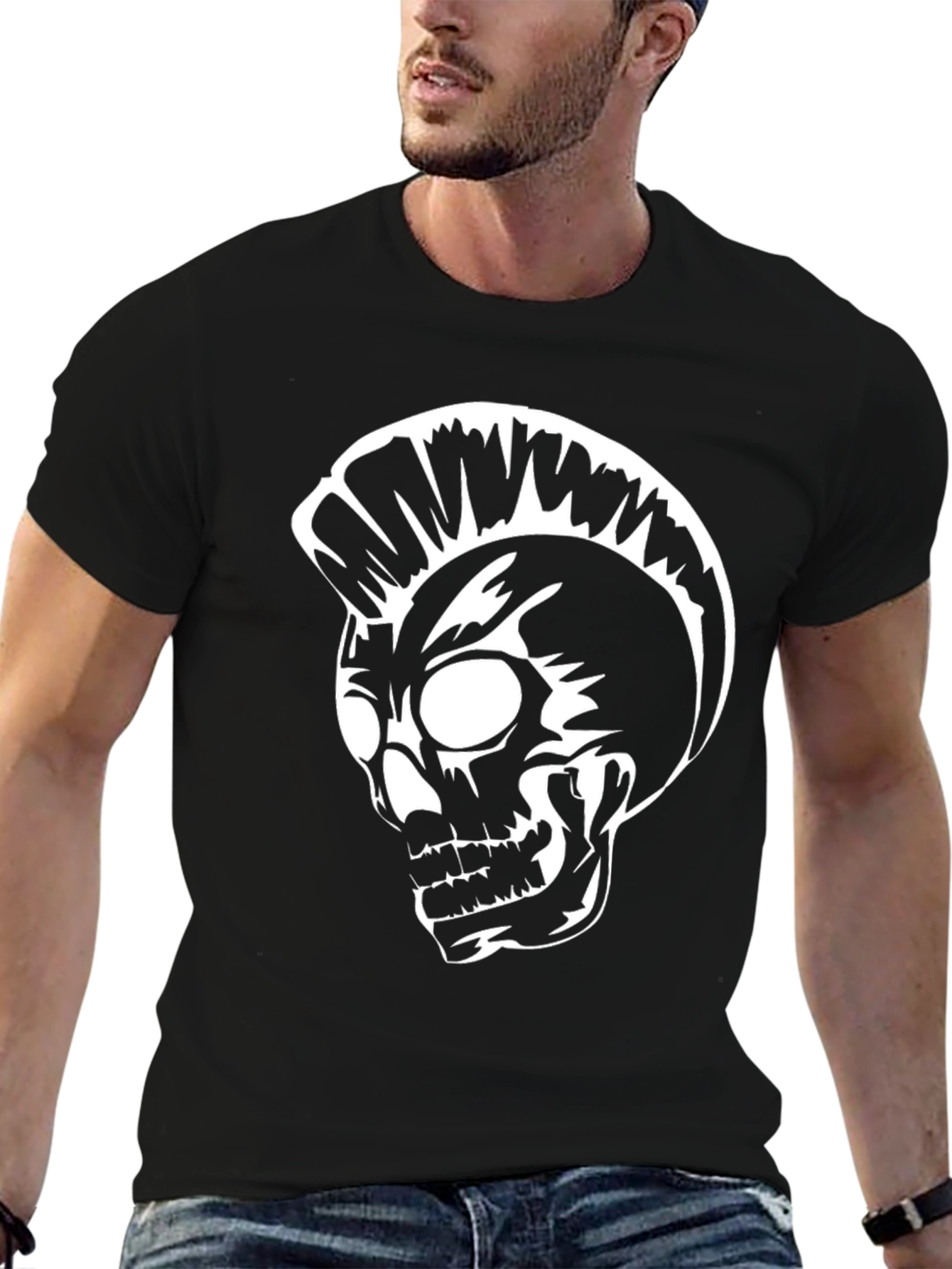 Punk Skull Graphic Tee - Black Cotton T-Shirt