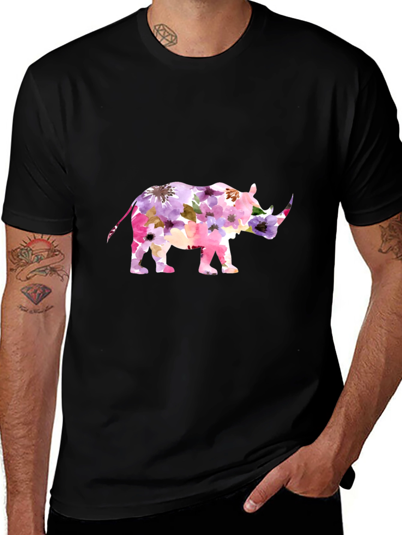 Floral Rhino Graphic Tee - Mens Black T-Shirt