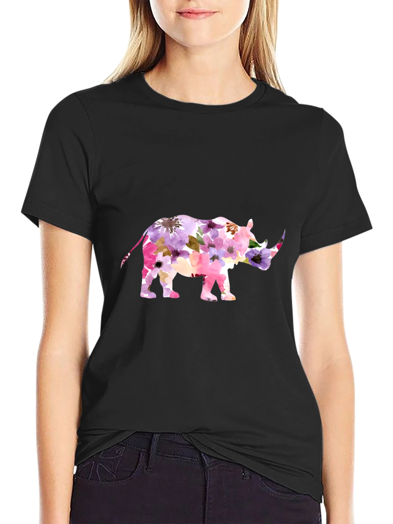 Floral Rhino Graphic Tee - Mens Black T-Shirt