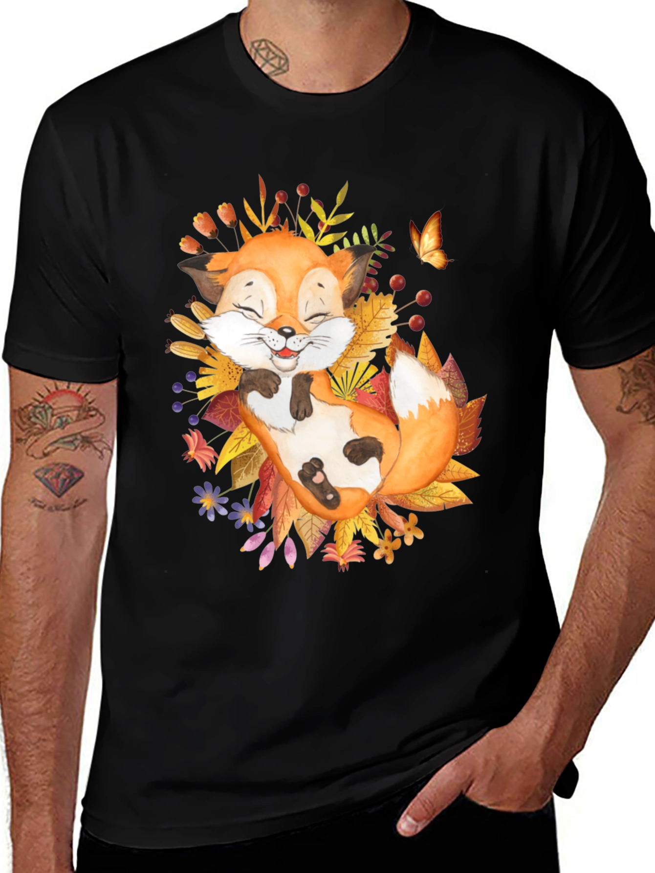 Cute Fox with Autumn Leaves Graphic Tee