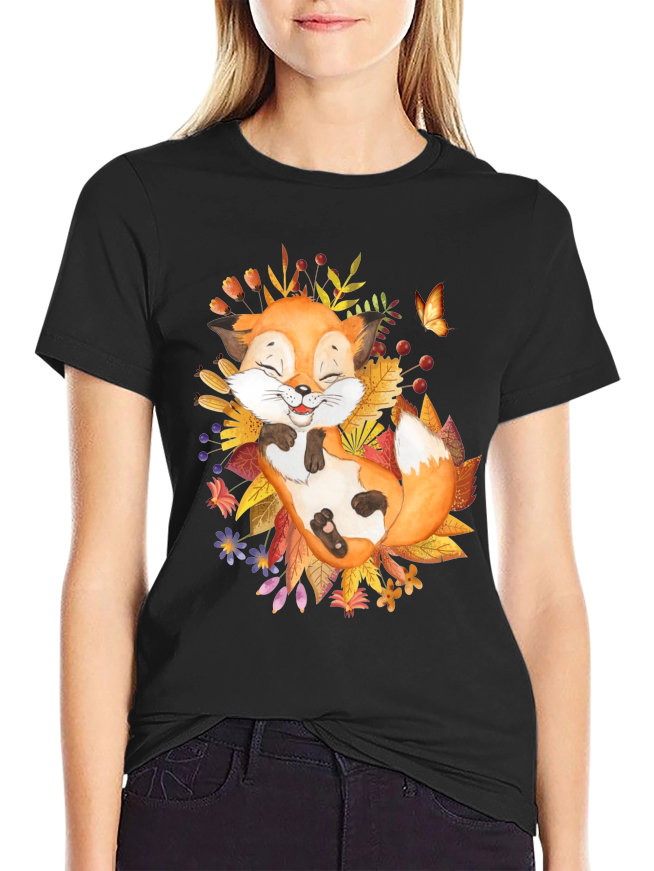 Cute Fox with Autumn Leaves Graphic Tee