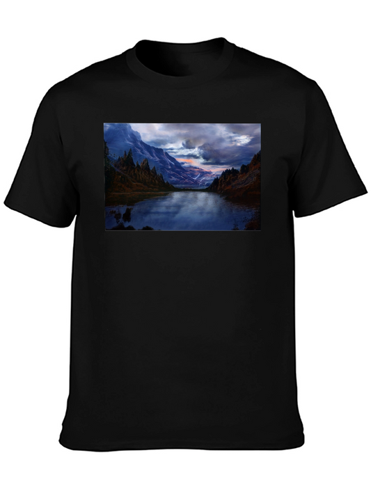 Mountain Lake Print Black T-Shirt