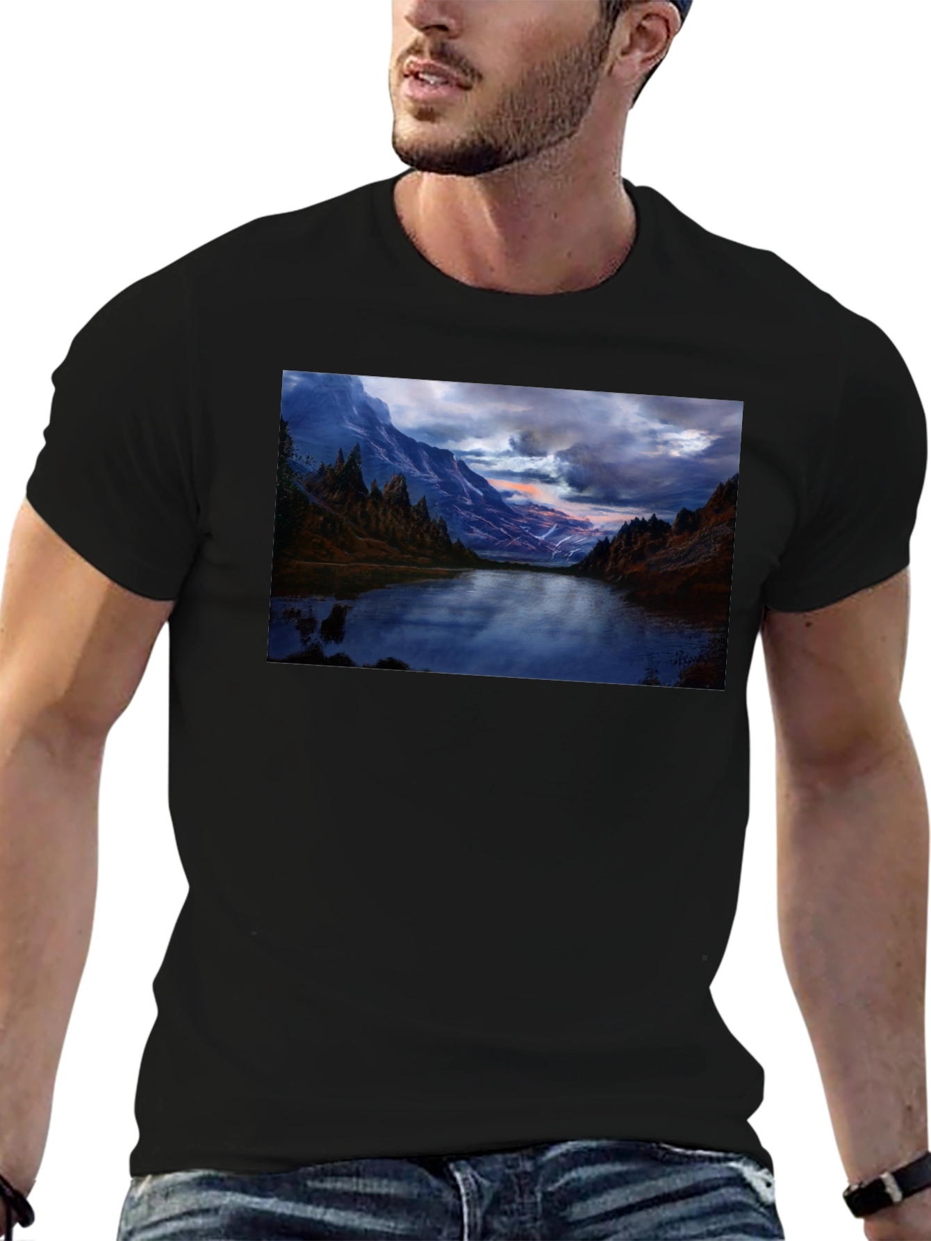 Mountain Lake Print Black T-Shirt