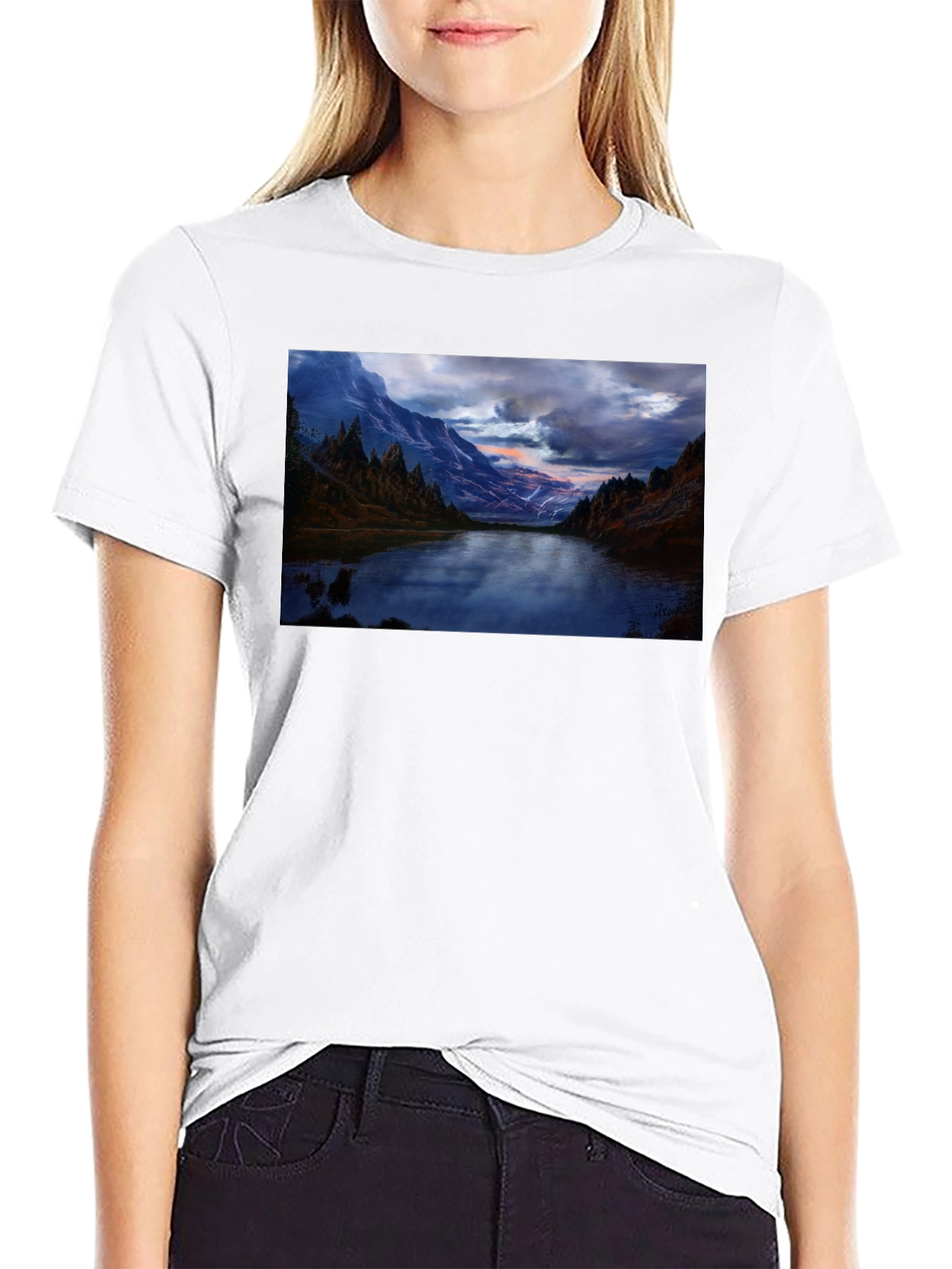 Mountain Lake Print Black T-Shirt