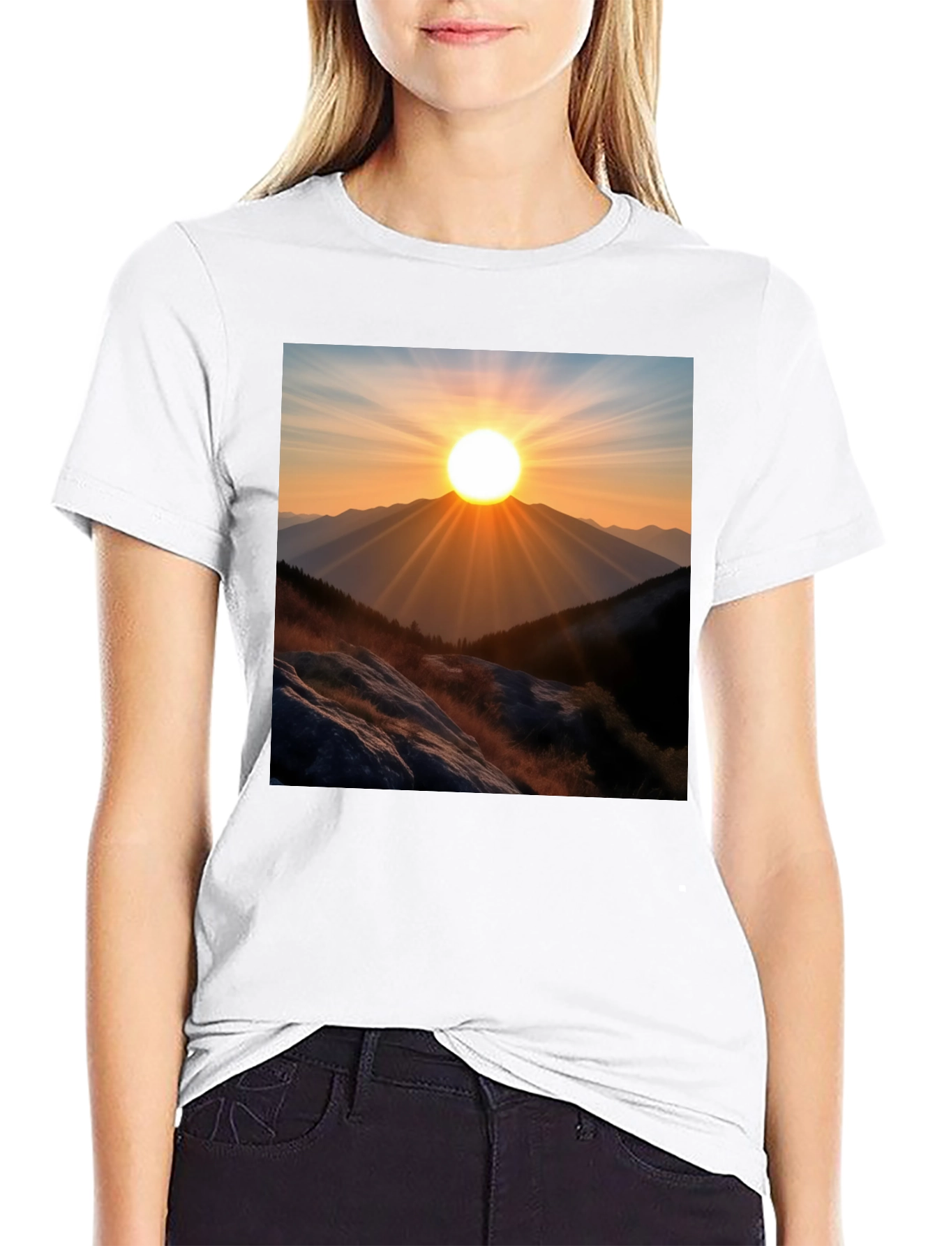 Sunrise Over Mountains Graphic Tee - Black Cotton Blend