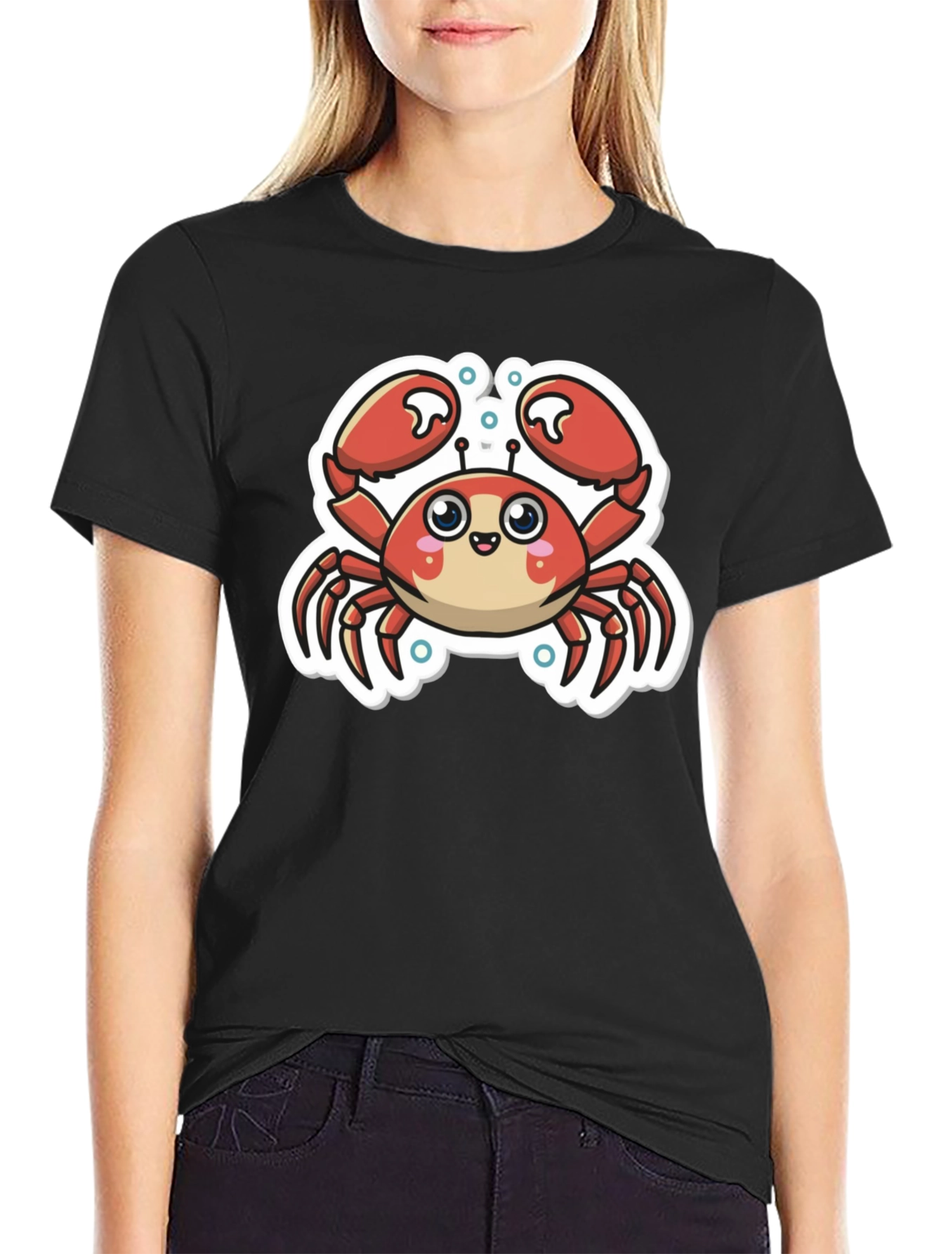Cute Cartoon Crab Graphic T-Shirt - Black