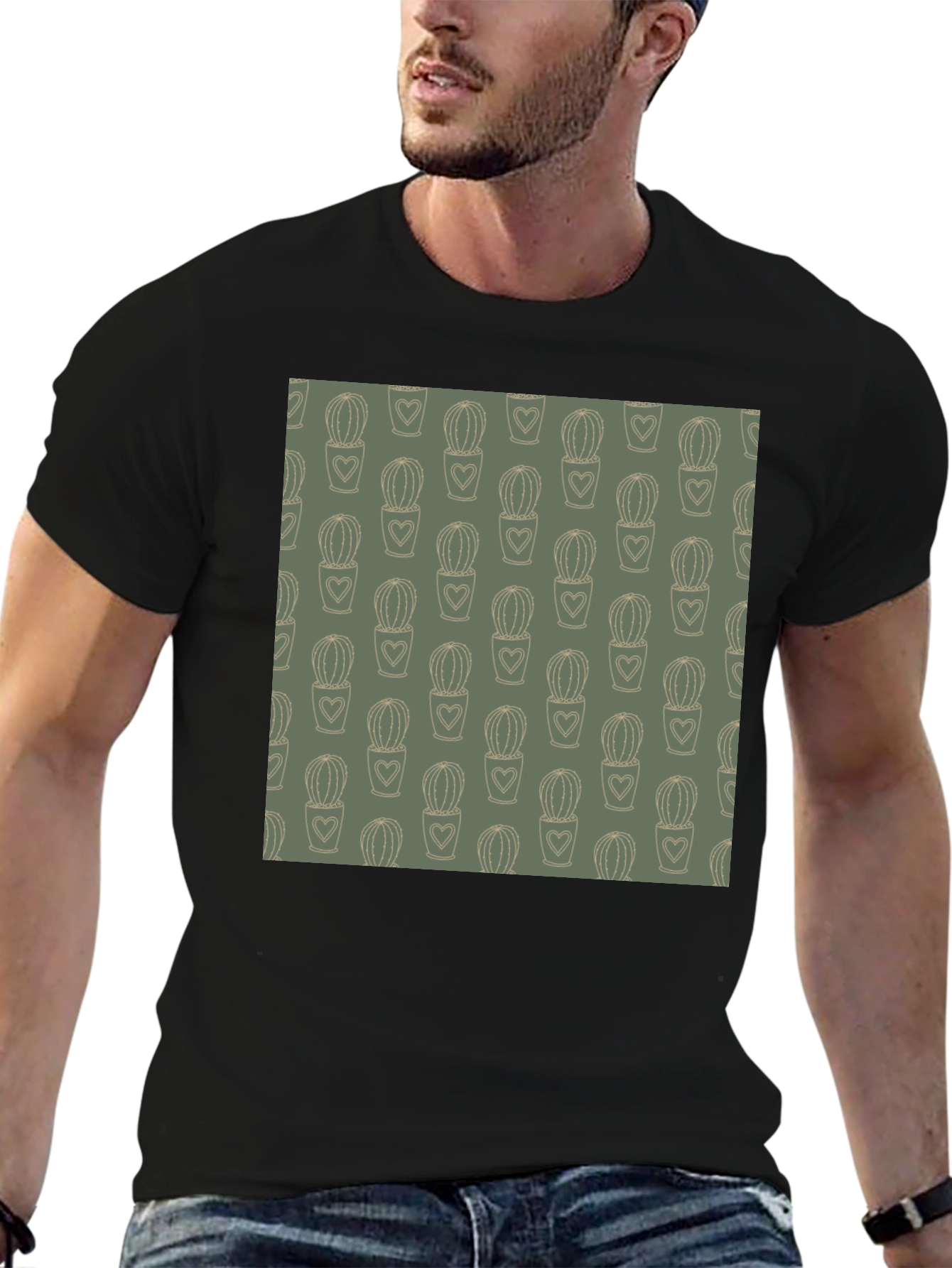 Trendy Cactus Heart Tee - Black Cotton Comfort