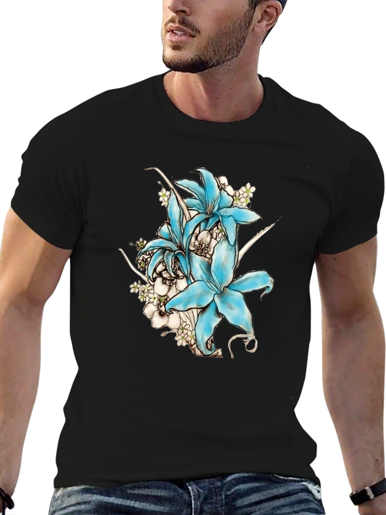 Floral Lily Graphic Print T-Shirt - Black