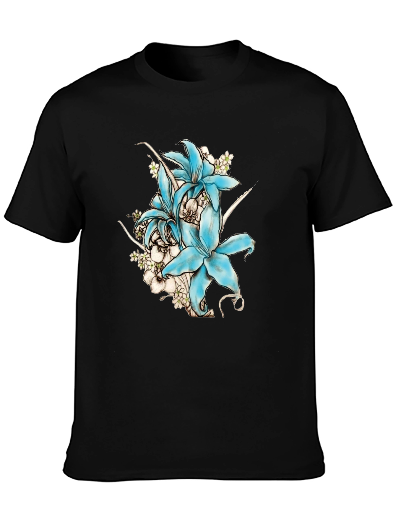 Floral Lily Graphic Print T-Shirt - Black