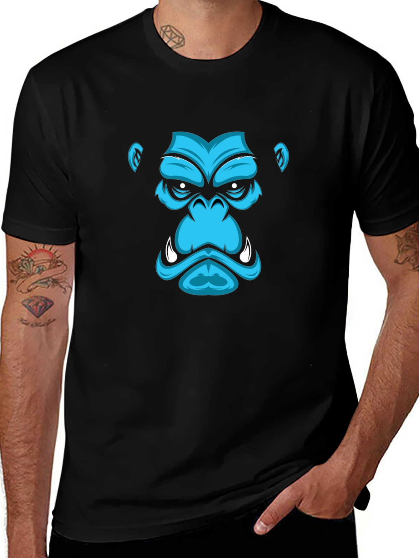 Blue Gorilla Graphic Print Black T-Shirt