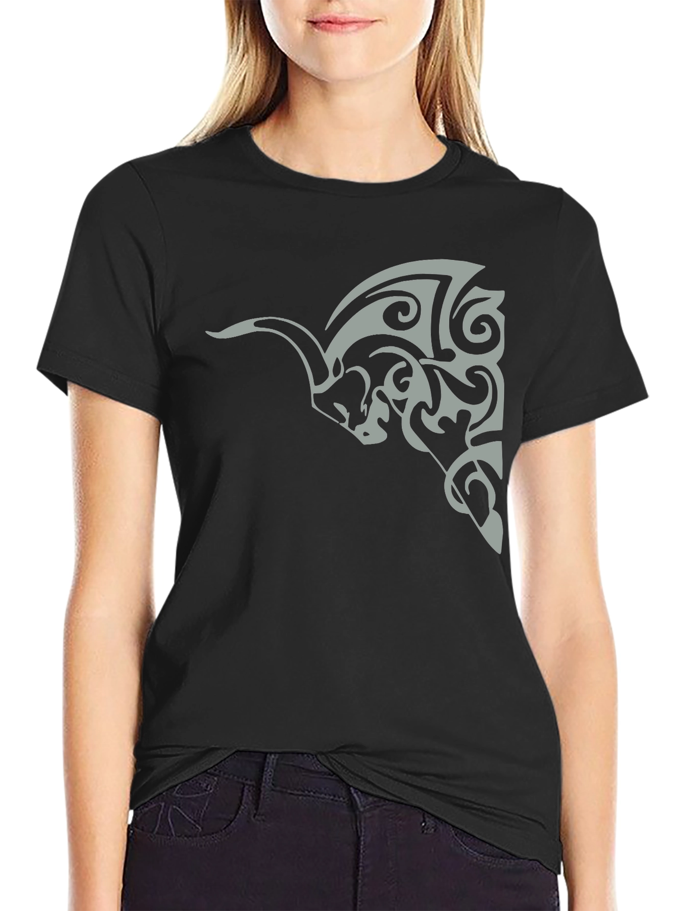 Tribal Bull Graphic Tee - Black Cotton Casual Wear