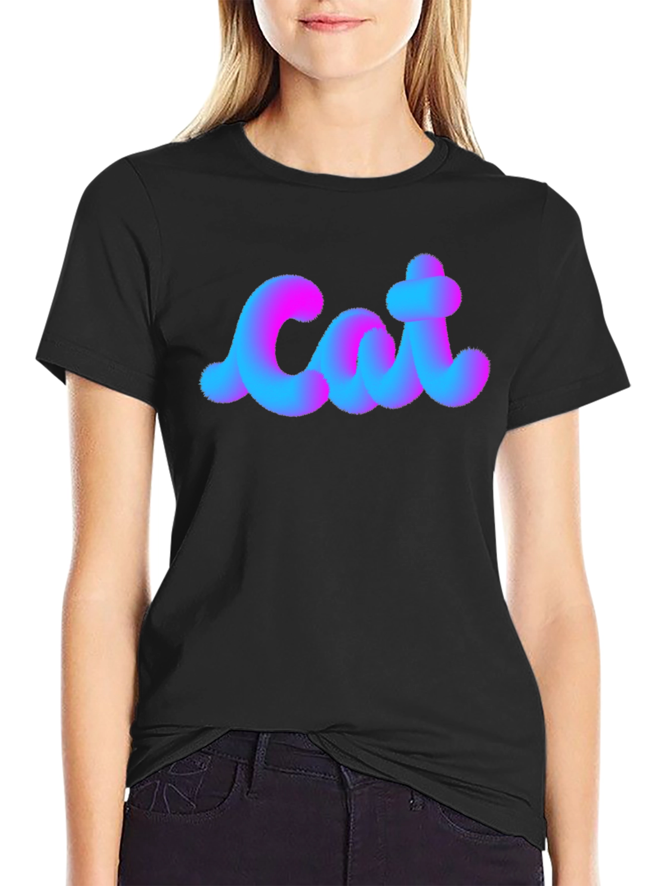 Cat Fuzzy Text Black Cotton T-Shirt