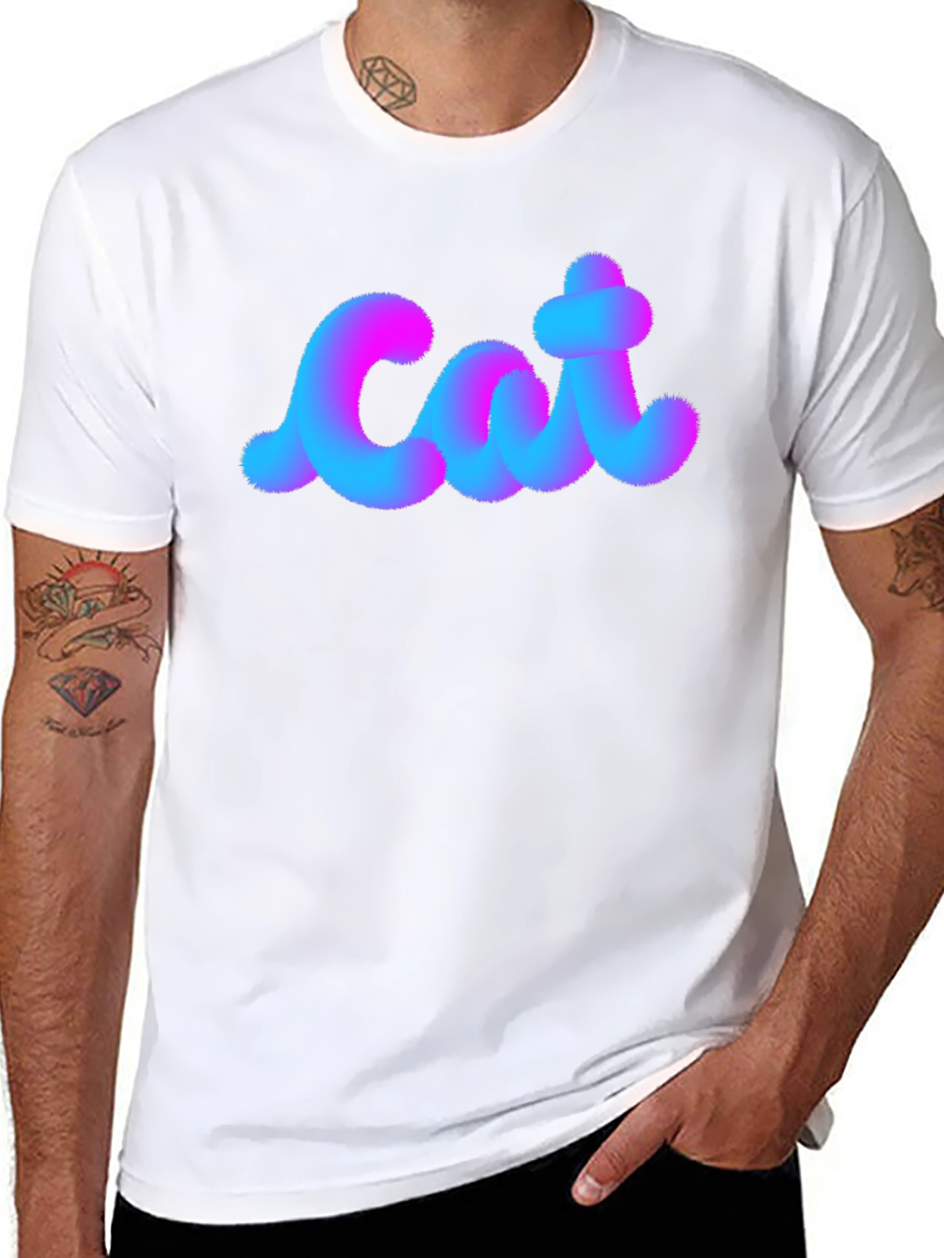 Cat Fuzzy Text Black Cotton T-Shirt