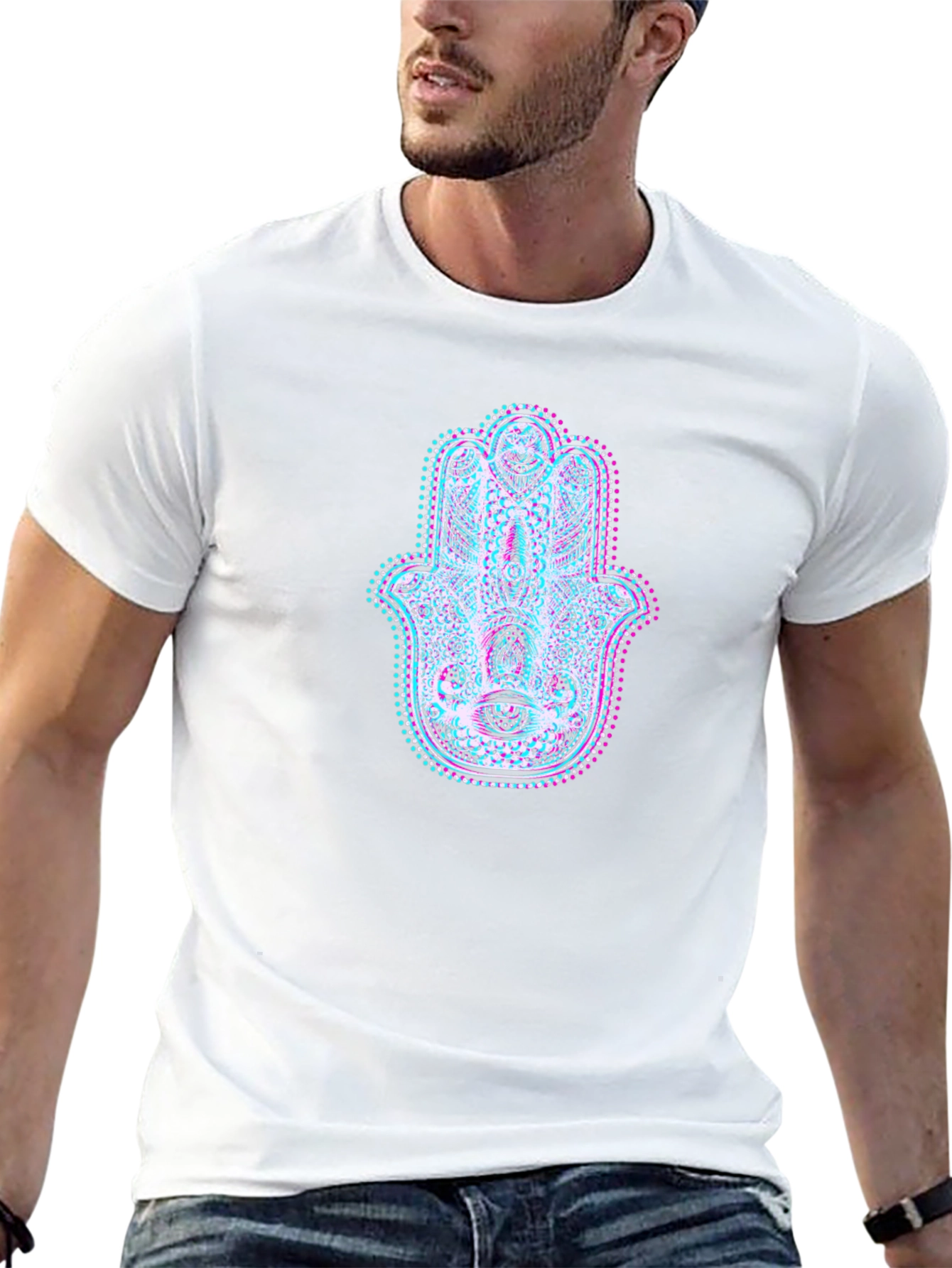 Hamsa Hand Glitch Art Black T-Shirt