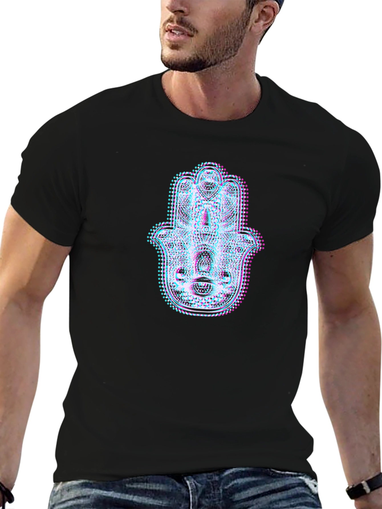Hamsa Hand Glitch Art Black T-Shirt