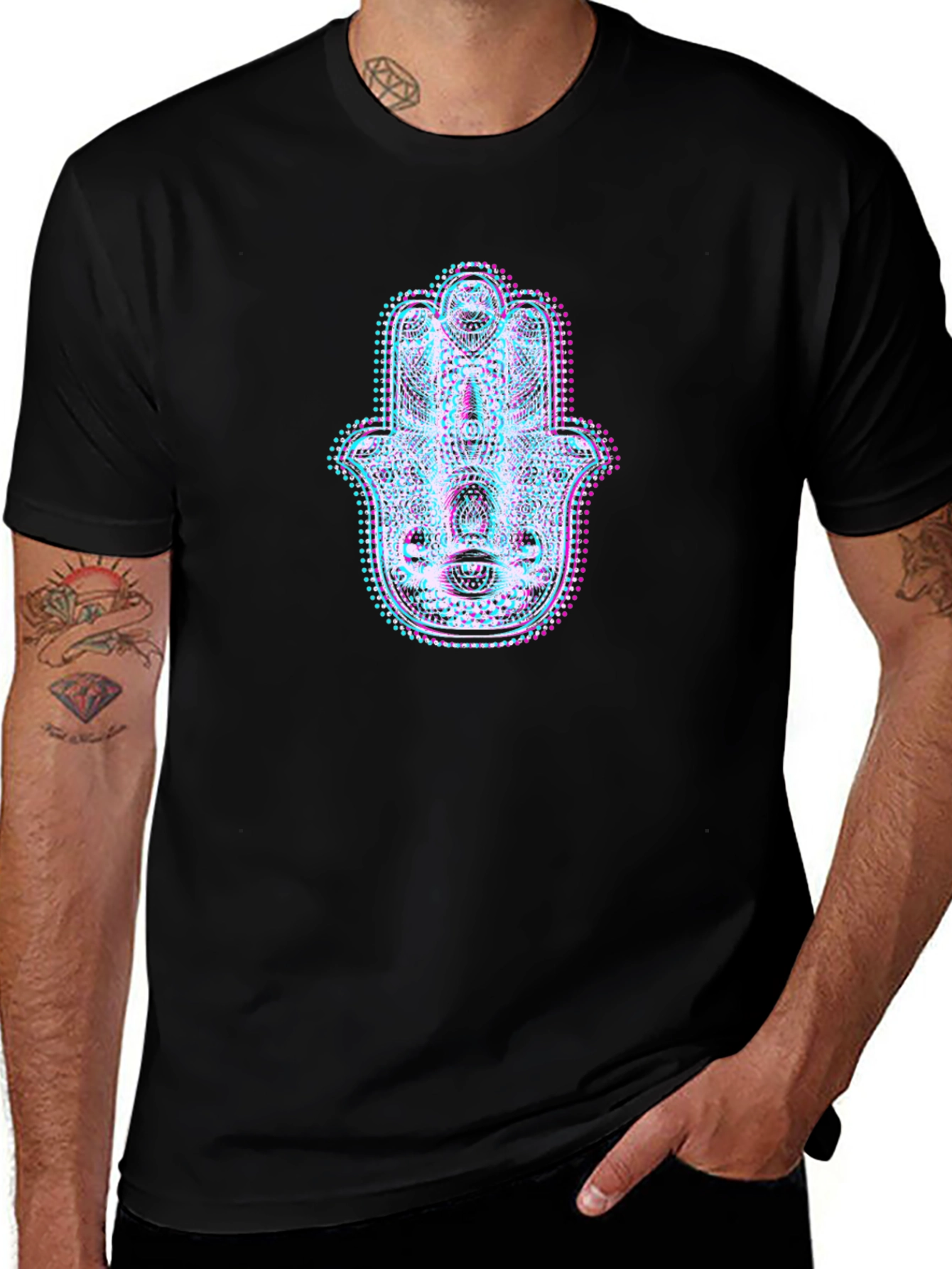 Hamsa Hand Glitch Art Black T-Shirt