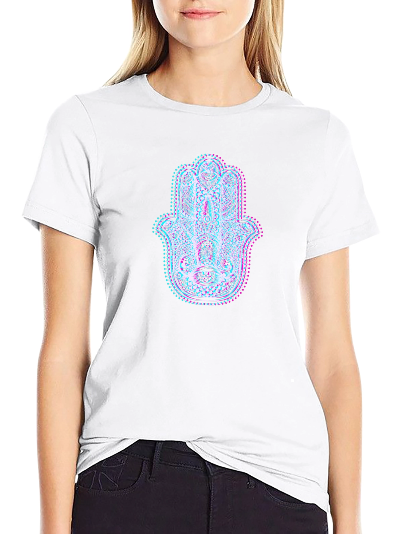 Hamsa Hand Glitch Art Black T-Shirt